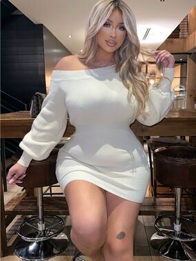 Elated Off-Shoulder Ribbed Mini Dress in Cream